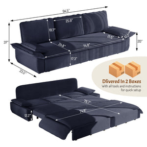 English Elm 94.5" King Convertible Sleeper Sofa Corduroy Upholstered Chaise Lounge Guest Room Bed Blue W1885S00310