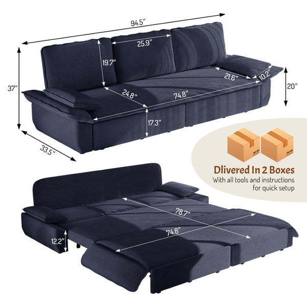 English Elm 94.5" King Convertible Sleeper Sofa Corduroy Upholstered Chaise Lounge Guest Room Bed Blue W1885S00310