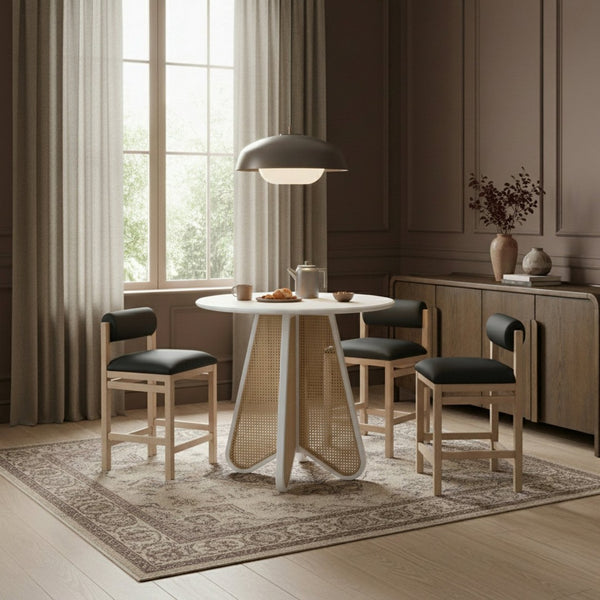 Meridian Furniture Butterfly Counter Height Dining Table Solid Wood Woven Cane Base Mid-century Modern Style White / Natural 791White-T