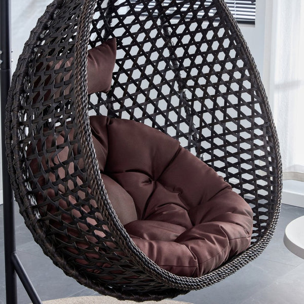 English Elm 76.8-inch Hand Woven Rattan Egg Swing Chair Indoor Outdoor with Cushion Lumbar Pillow Black W1512P498596