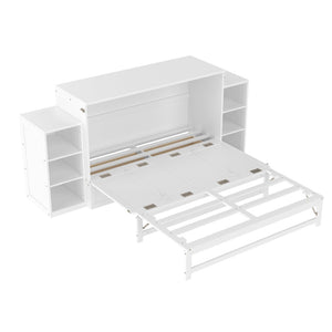 English Elm Queen Murphy Wall Bed with Open Shelves and Drawers for Guest or Office Rooms White W5316S00007