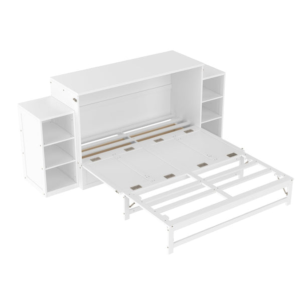 English Elm Queen Murphy Wall Bed with Open Shelves and Drawers for Guest or Office Rooms White W5316S00007