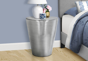 English Elm Accent Drum End Table with Hammered Metal Finish — 22" Handcrafted Cone Shape for Chic Living Spaces Chrome 23 L x 23 W x 26 H B2710P219457