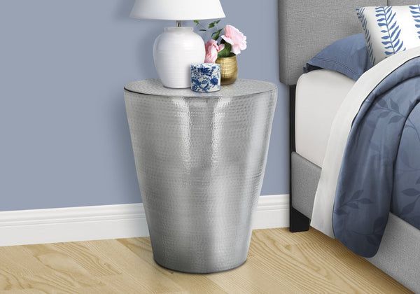 English Elm Accent Drum End Table with Hammered Metal Finish — 22" Handcrafted Cone Shape for Chic Living Spaces Chrome 23 L x 23 W x 26 H B2710P219457