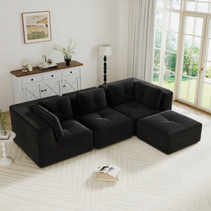 English Elm Modern Corduroy Sectional Sofa Tufted Deep Seat Couch with Movable Ottoman No Assembly Black W714S01790