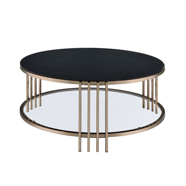 English Elm Abisha Round Sintered Stone Coffee Table with Champagne Metal Frame and Lower Display Shelf Black 40.75 L x 40 W x 4.25 H B2726P245882