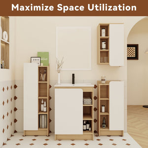 English Elm 4-piece Light Oak Bathroom Set with Ceramic Sink and Dual-tone Storage Cabinets W3450S00112