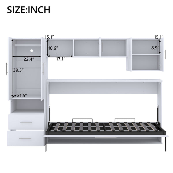 English Elm Twin Murphy Bed with Shelves Drawers Wardrobe & Fold-Down Desk White — Space-Saving Modern Guest Solution GX002022AAK