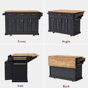 English Elm K&K 54" Farmhouse Kitchen Island with Embossed Texture, Drop Leaf, Soft-Close Drawers & Wheels Black N707P195395B