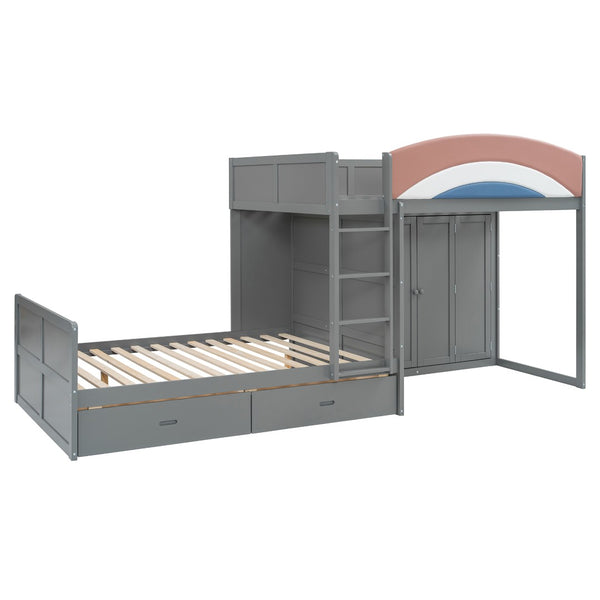 English Elm Full Size Offset Bunk Bed with Wardrobe Hanging Rod Drawers and Upholstered Rail Gray N820S00081E