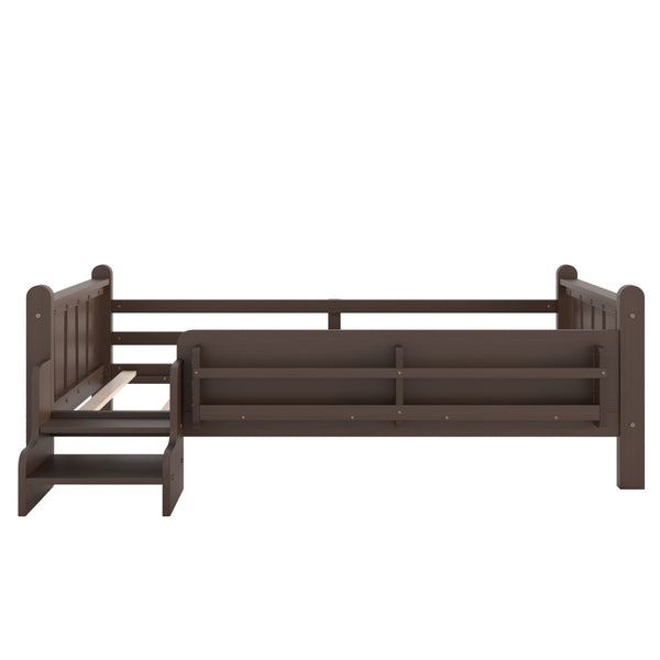 English Elm Twin Pine Floor Bed for Kids with Side Bookcases Built-in Stairs and Safety Guardrails Espresso W1580P390217