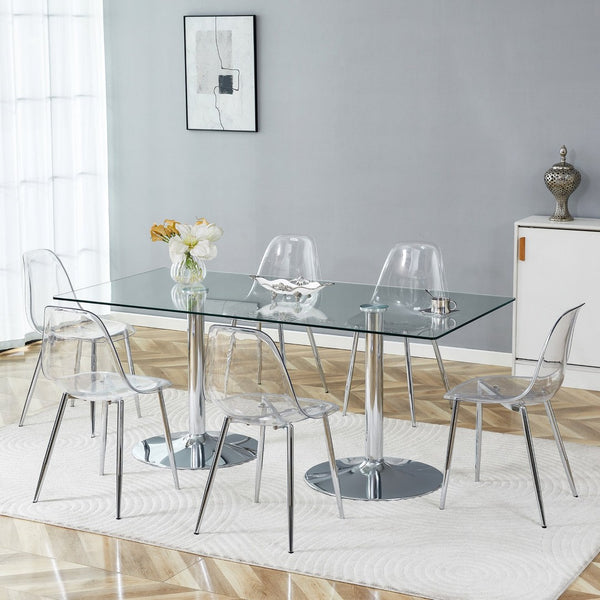 English Elm Table and Chair Set Tempered Glass Top with Six Transparent Seats for Modern Dining W1151S04556
