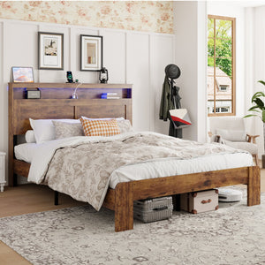 English Elm Bed Frame Queen Size - Modern Wood Platform Bed With Led Headboard, Usb Ports, And Storage Space W636P233483