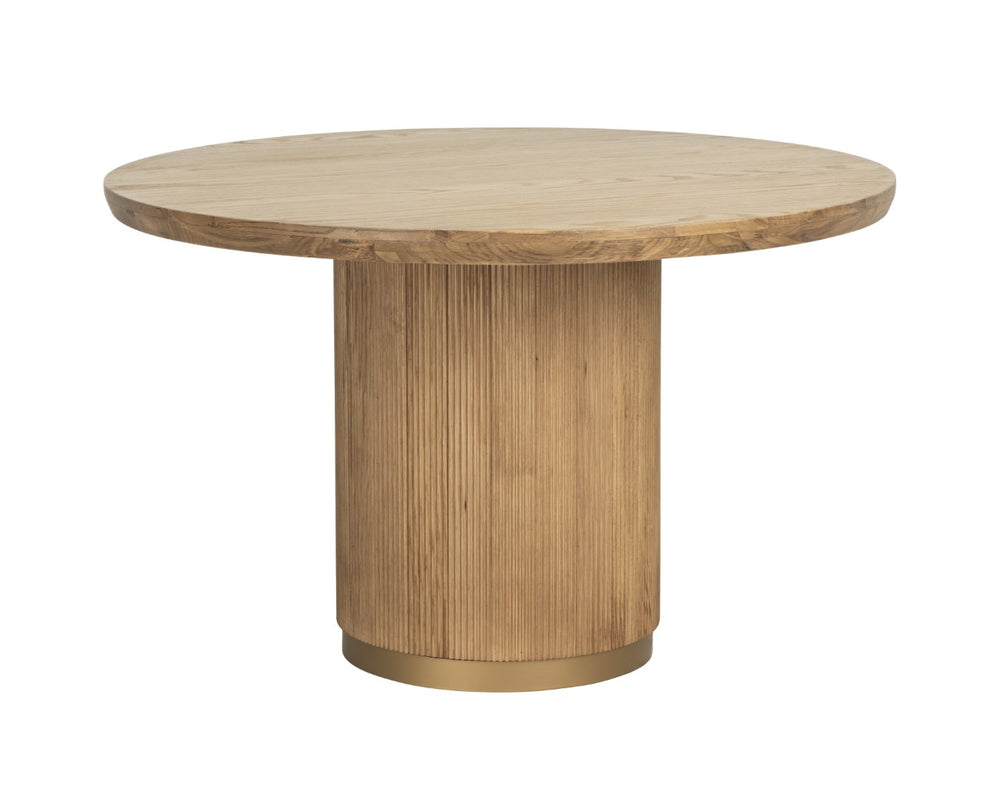 Sunpan KALLA Round Dining Table - Rustic Oak with Vertical Reeding & Gold Steel Base for Stylish Dining 112365