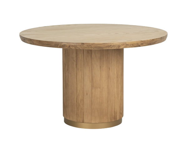 Sunpan KALLA Round Dining Table - Rustic Oak with Vertical Reeding & Gold Steel Base for Stylish Dining 112365