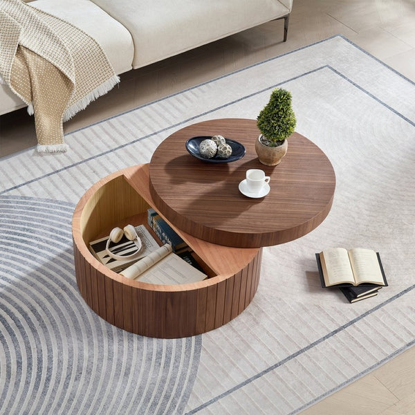English Elm Round Wood Grain Coffee Table with Rotating Top and Hidden Storage for Modern Living Walnut W2085P399013