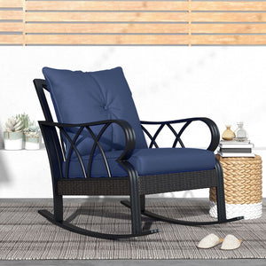 English Elm Outsunny Outdoor Wicker Rocking Chair With Plush Cushions - Stylish Garden & Patio Rocker In Navy Blue W2225P174017-GIGA