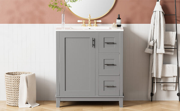 English Elm 30-inch Modern Bathroom Vanity with Ceramic Basin, Rubberwood Frame, Soft-Close Drawers & Organized Storage Grey N729P290689E
