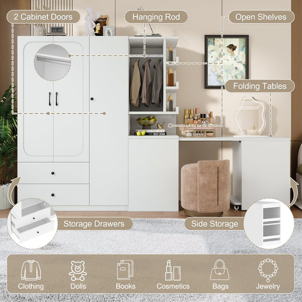 English Elm Multifunctional Wardrobe Cabinet with Fold Out Desk Hanging Rod and Storage Drawers Light White W1580S00475