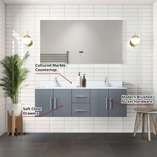 English Elm Dark Grey Double Bath Vanity 60 in W x 22 in D with Cultured Marble Top, Chrome Faucets & 60in LED Mirror B2731S01014