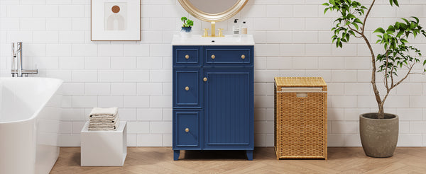 English Elm 24-Inch Bathroom Vanity Cabinet with Ceramic Sink, Space-Saving Storage, Solid Wood Feet, Durable Finish Blue WF532034AAC