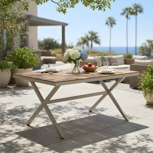 English Elm Teak Solid Wood Rectangular Outdoor Dining Table with Powder Coated Steel X Legs N770P385226B