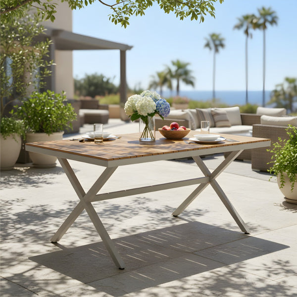 English Elm Teak Solid Wood Rectangular Outdoor Dining Table with Powder Coated Steel X Legs N770P385226B