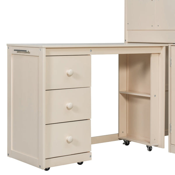 English Elm Twin House Loft Bed with Pull Out Rolling Desk Stair Drawers and Cabinet Storage Beige N820S00072A