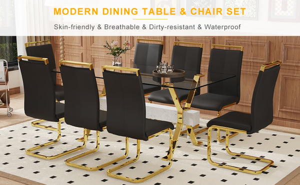 English Elm Table Elegant Transparent Glass Dining Set - 71"X35.4" With 8 Stylish Black Pu Chairs & Gold Legs W1151S02362-GIGA