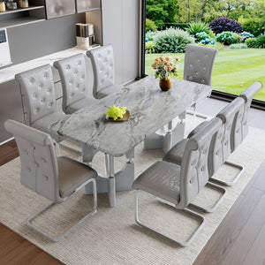 English Elm Modern 9 Piece Glam Dining Set Faux Marble Table Tufted Pvc Chairs Seats Eight Grey W3875S00063