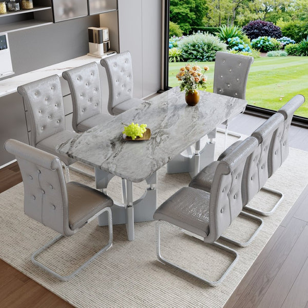 English Elm Modern 9 Piece Glam Dining Set Faux Marble Table Tufted Pvc Chairs Seats Eight Grey W3875S00063