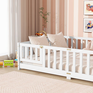 English Elm Full Size Floor Bed With Safety Guardrails & Convenient Door, Eco-Friendly Rubberwood Design In White W504P286379