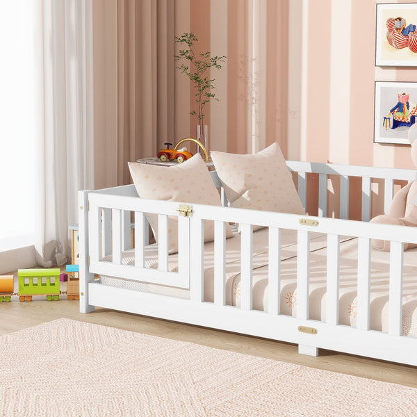 English Elm Full Size Floor Bed With Safety Guardrails & Convenient Door, Eco-Friendly Rubberwood Design In White W504P286379