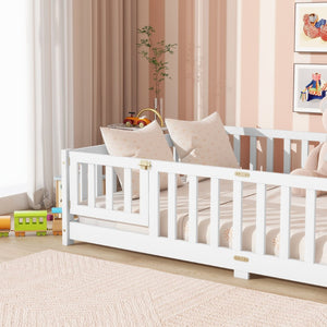 English Elm Full Size Rubberwood Floor Bed with Safety Guardrails and Latching Door for Toddlers White W504P429297