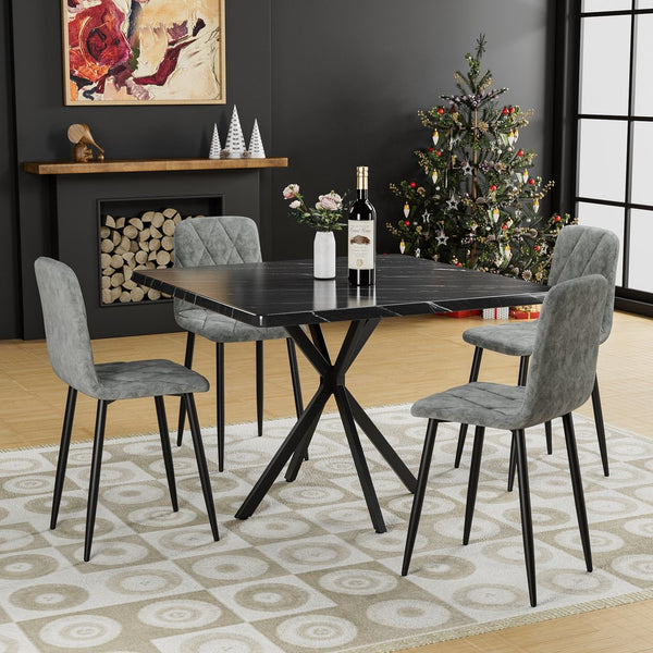 English Elm Square MDF Dining Set for 4 with Faux Marble Top, Mid-Century Modern Iron Legs, Easy-Clean Surface Black+Grey W578S00026