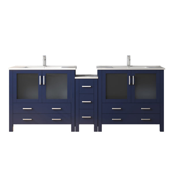 English Elm Navy Double Bath Vanity 84" W x 18.25" D with Side Cabinet, White Ceramic Top, Chrome Faucet Set, Soft-Close Storage B2731S01174