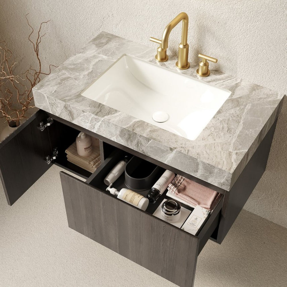 English Elm Muri Floating Bathroom Vanity Plywood Cabinet Sintered Stone Top Espresso Woodgrain W2615S00598