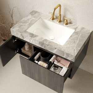English Elm Muri Floating Bathroom Vanity Plywood Cabinet Sintered Stone Top Espresso Woodgrain W2615S00598