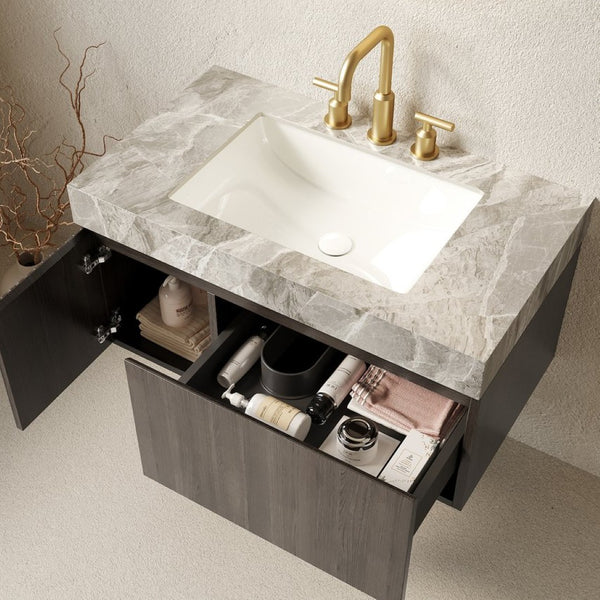 English Elm Muri Floating Bathroom Vanity Plywood Cabinet Sintered Stone Top Espresso Woodgrain W2615S00598