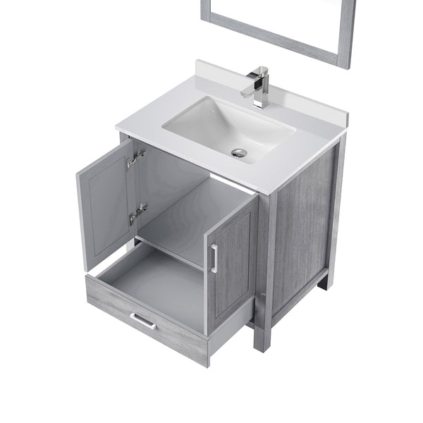 English Elm Distressed Grey Bath Vanity with White Quartz Top, Faucet & 28" Mirror — Durable Scratch-Resistant Surface B2731S01253
