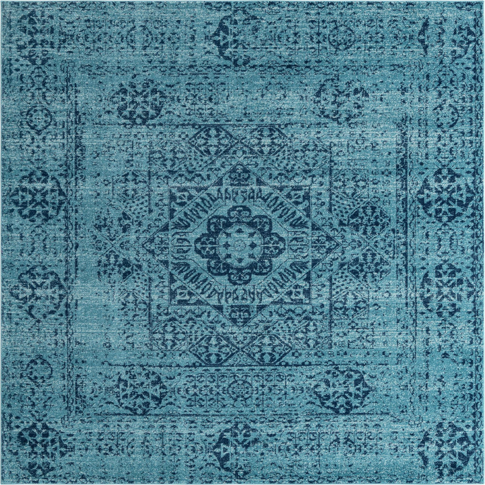 Unique Loom Tradition Bouquet Machine Made Medallion Rug Turquoise, Navy Blue/Ivory 8' 4" x 8' 4"
