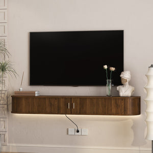 English Elm Floating Wall Mounted Media Console with Led Backlighting Mid-century Curved Design Brown W1321P476922
