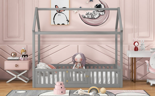 English Elm Twin Pine House Bed with Roof, Fence & Door — Enclosed Playful Design for Cozy Sleep and Imagination Gray WF531501AAE