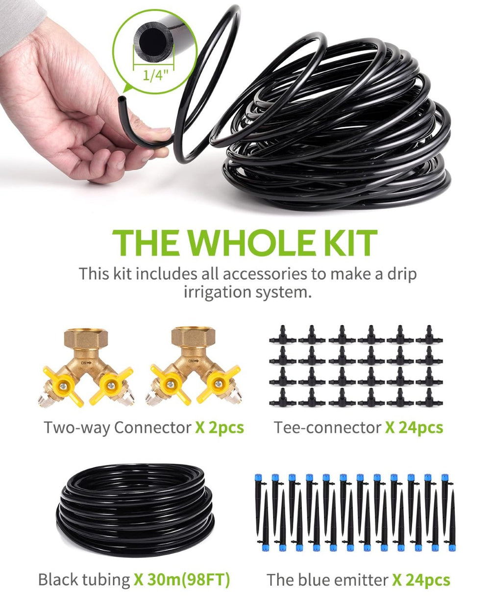 English Elm 100ft Drip Irrigation Kit Brass Splitter Adjustable Emitters Garden Greenhouse Watering W2181P170944
