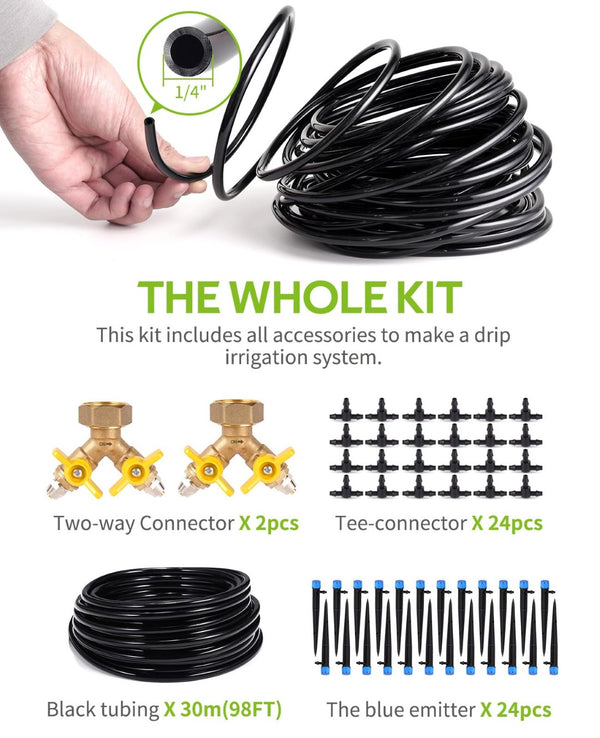 English Elm 100ft Drip Irrigation Kit Brass Splitter Adjustable Emitters Garden Greenhouse Watering W2181P170944