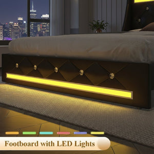 English Elm Queen Platform Bed Wingback Diamond Quilted Headboard Led Lighting Storage Drawers Black W5722P462392