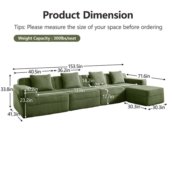 English Elm Modular L-Shaped Sectional Sofa In Plush Green Corduroy - Cloud-Like Comfort With Movable Ottoman & Pillows W3041S00335