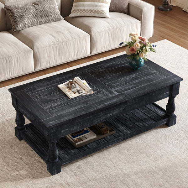 English Elm Farmhouse Lift Top Coffee Table Solid Wood Two Tier Hidden Storage Living Room W1445P412360