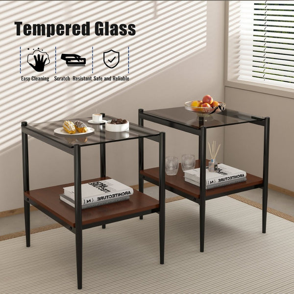 English Elm Set Of 2 Modern Rectangle End Tables With Gray Glass Top, Mdf Storage Shelf & Sturdy Iron Legs W241P184249-GIGA