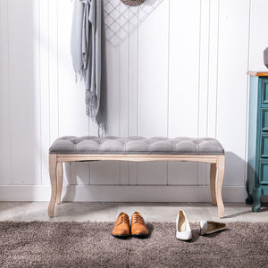 English Elm Bedroom Bench Tufted Linen Seat with Carved Distressed Wood Legs French Country Style Grey W3244P493669